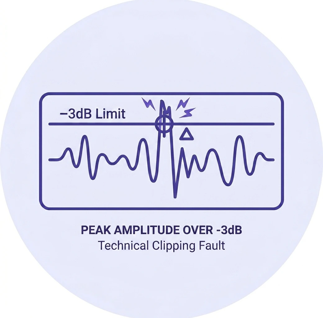 Circular icon showing mismatched level panels with high peak and technical clipping fault text, illustrating ACX rejection for audiobook volume.