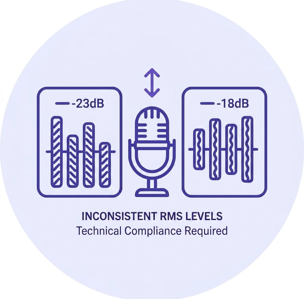 Line-art icon showing mismatched equalizer bars and decibel levels illustrating inconsistent RMS in audiobooks.
