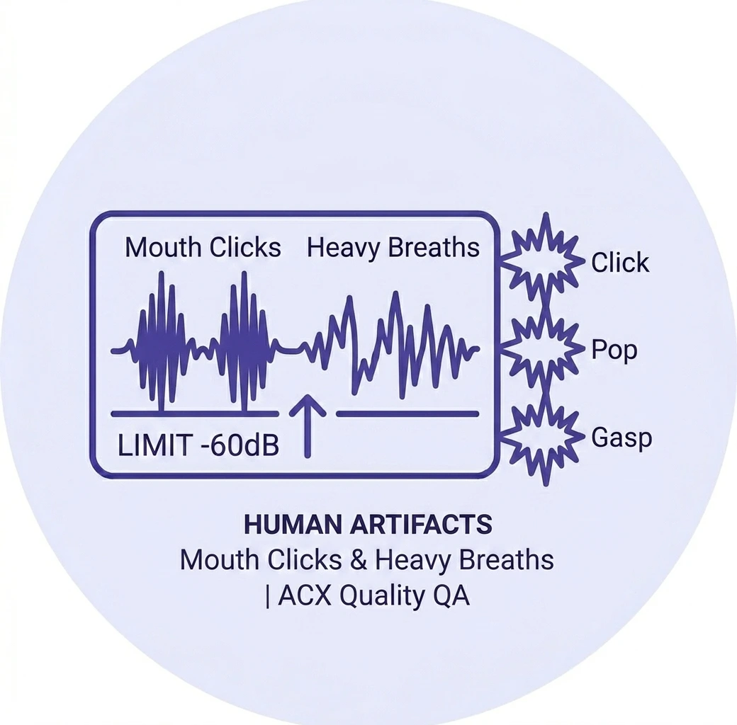 Circular icon with a horizontal panel showing mismatched level panels and multiple jagged waveforms illustrating spikes from mouth clicks and heavy breaths causing ACX Quality QA rejection.