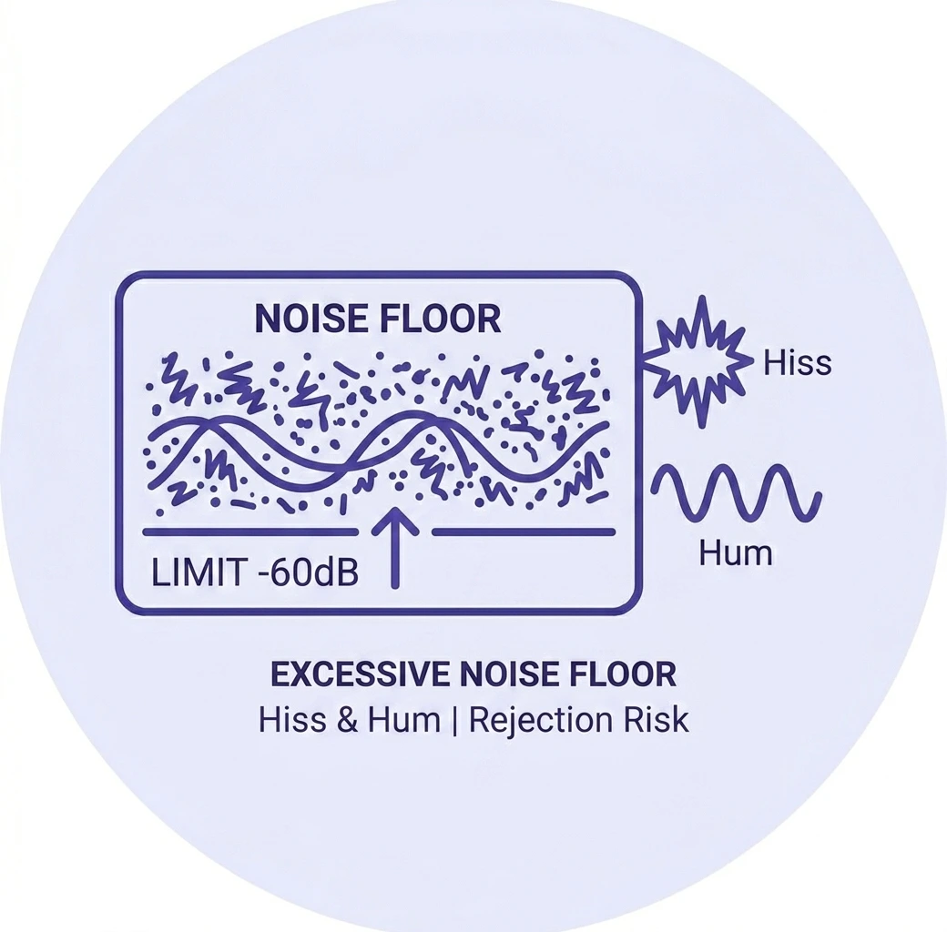 Line-art icon inside a circle showing a horizontal level panel with dense messy waves above a -60dB limit marker and sound bursts illustrating background hiss and hum.